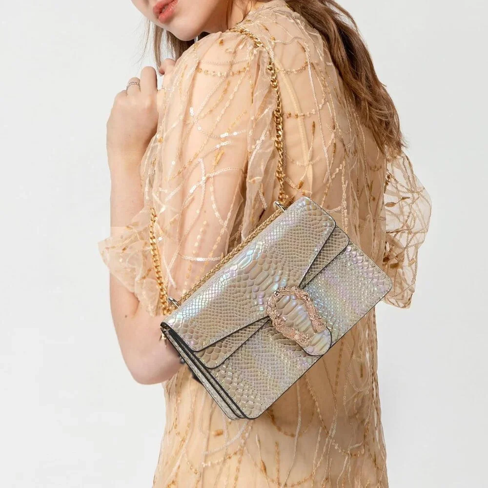 ⚡ Women's Rainbow Tan Snake Vegan Leather Print Casual Satchel Crossbody Handbag